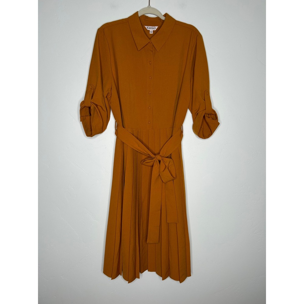 Nanette Lepore Pleated Midi Shirt Dress Size 16 3/4 Roll Tab Sleeves Fall Office - Picture 1 of 11